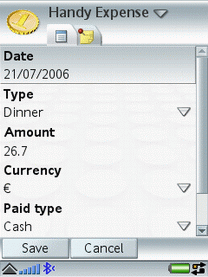 Программа Handy Expense для Sony Ericsson  M600i, Sony Ericsson W950i: Ввод данных